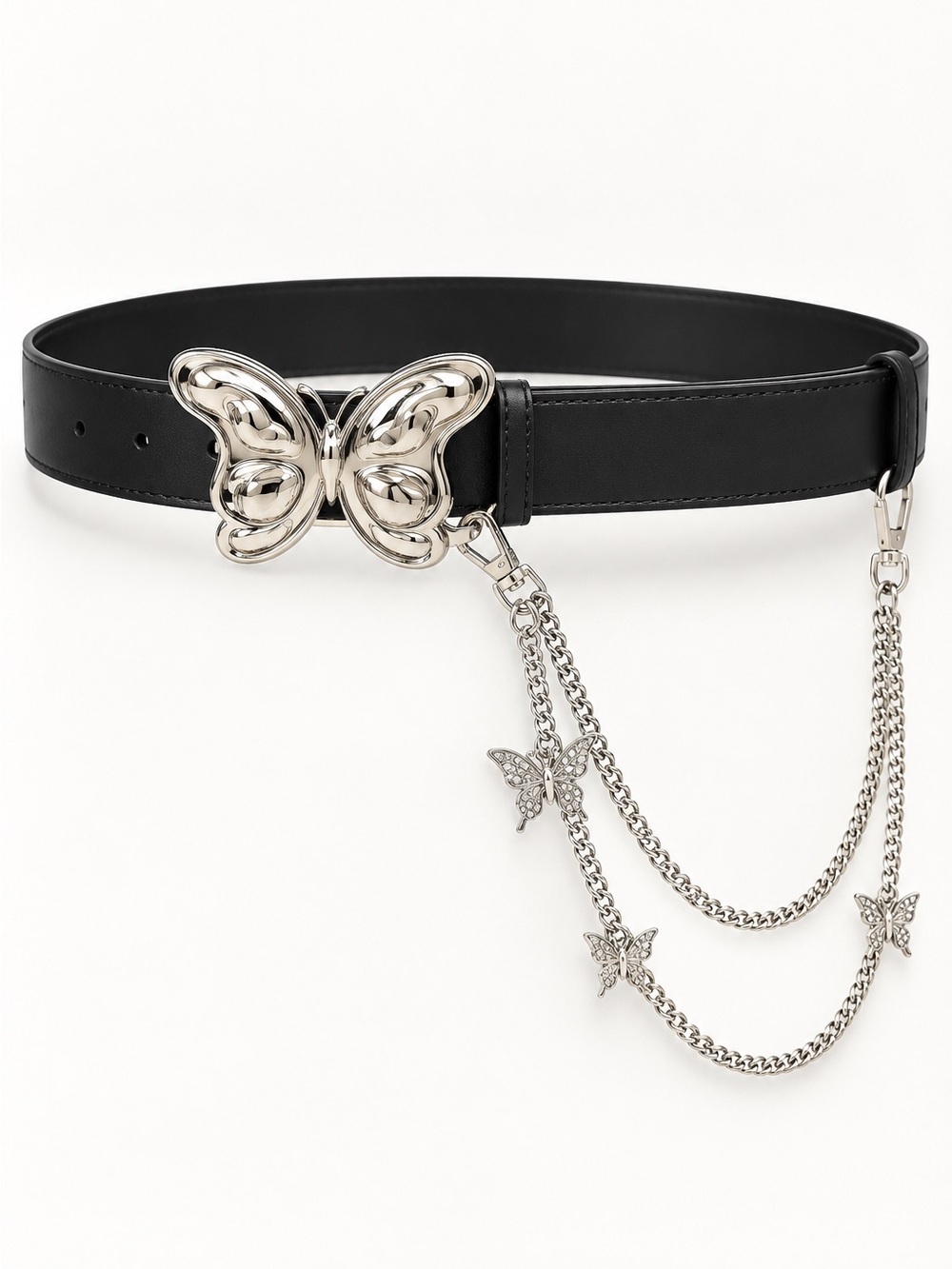 E75. La Valentina Black Faux Leather Butterfly Chain Belt